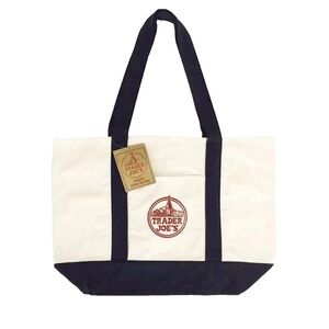 TRADER JOE'S LARGE CANVAS BAG HEAVY COTTON REUSABLE SHOPPING BAG NAVY BLUE NWT